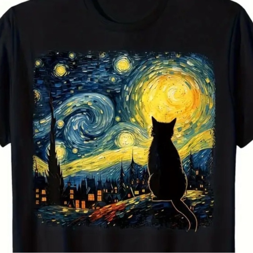 Starry Night Cat T-Shirt Black Sz 2X - Picture 2 of 4